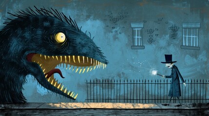 Wall Mural - A man in a top hat facing a giant dragon. The dragon has glowing yellow teeth and red eyes. The man is casting a spell with a wand.