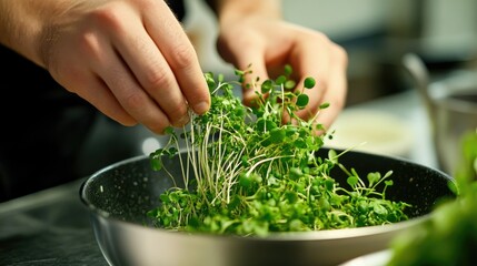 chef takes microgreens with his hands close-up from a plate to add to different dishes in a restaurant.Healthy eating concept, culinary trend