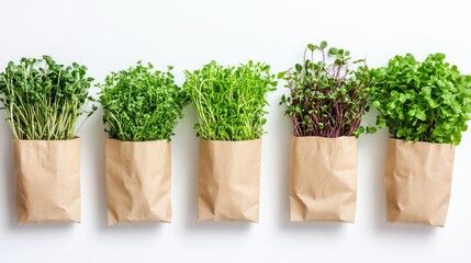 Different colors of microgreens in paper bags on white background. Healthy food and lifestyle concept