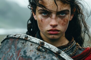 Poster - A woman with blue eyes and dark hair, wearing armor, looks at the camera.