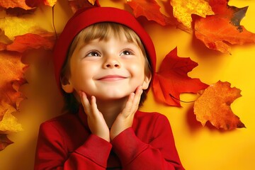 A joyful child in a red hat surrounded by autumn leaves smiles brightly against a warm yellow backdrop during a cheerful fall celebration at home