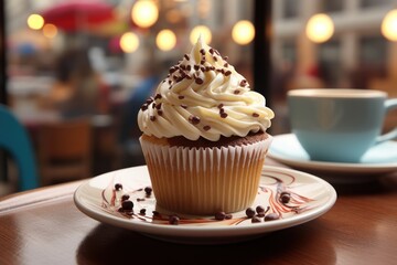 Canvas Print - A cupcake with white frosting and chocolate sprinkles sits on a saucer on a table. A cup of coffee is placed next to the cupcake.