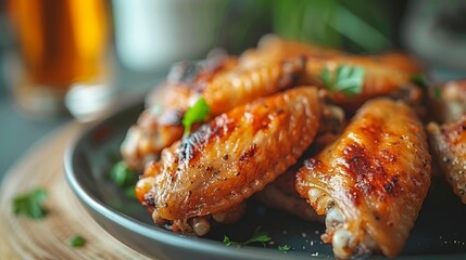 Close-Up of Juicy, Grilled Chicken Wings Perfectly Seasoned with Fresh Herbs on a Plate