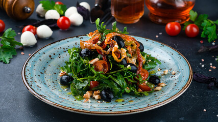 Sticker - Fresh salad with cherry tomatoes, olives, arugula, peppers, walnuts and sweet peppers.