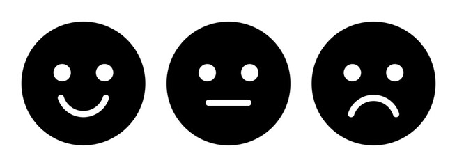 Aufkleber - Happy, sad, and neutral emoji smiley set in black and white color vector illustration. Emoticons positive, neutral and negative. Rating smile for customer opinion. Happy, sad smiley silhouette set.