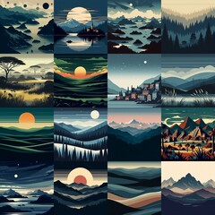 Wall Mural - Landscape in minimalistic style. AI generated illustration