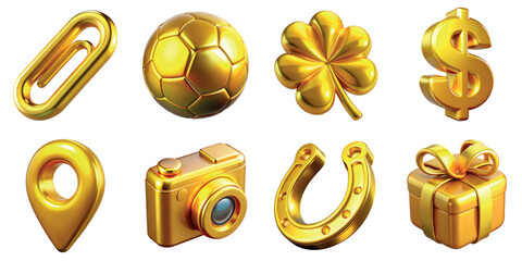 Collection of 3d golden objects including paper clip, ball, clover, photo camera, dollar sign, present box, horseshoe