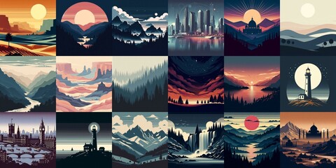 Wall Mural - Landscape in minimalistic style. AI generated illustration