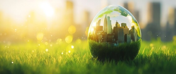 In this image, a green glass globe with a cityscape inside stands against a bokeh background, symbolizing the fusion of urban culture and nature.