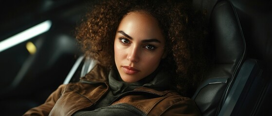 Confident Woman Sitting in a Car with Intense Gaze