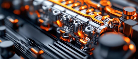 Close-Up of Modern Engine Parts with Orange Accents