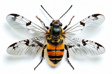 A detailed view of an insect's body and legs on a clean white surface