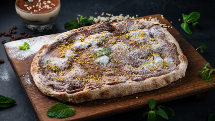 Poster - Fresh sweet pizza or pinsa with chocolate sauce, pistachios, powdered sugar and mint.