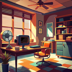 workplace with desk retro fan old tv and bookshelves window and door office in retro style cartoon