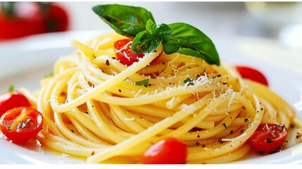 Delicious Italian spaghetti pasta with fresh tomatoes, basil and cheese on white plate, close-up