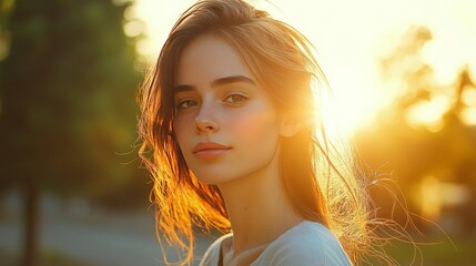 An image of a stunning girl in casual attire taken at dusk. Summertime