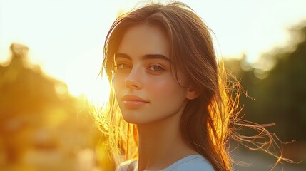 An image of a stunning girl in casual attire taken at dusk. Summertime