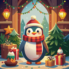 christmas day penguin character design, vector illustration flat 2