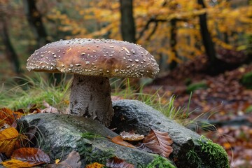 closeup red fly agaric mushroom grows near rock wih moss and leaves in autumn forest