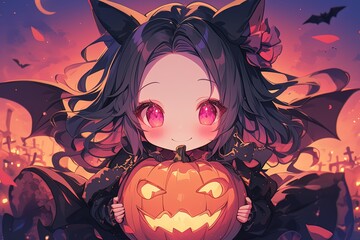 Wall Mural - adorable smiling chibi anime girl with black hair, pink eyes and bat wings holds halloween pumpkin