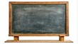 © Man888 - Old, worn, and dusty blackboard stands isolated on a white background with faint chalk marks and scrapes, evoking nostalgia for traditional classroom learning.