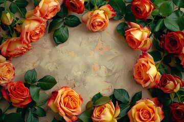 Wall Mural - beautiful top view floral composition roses border frame on gray concrete stone background with copy space