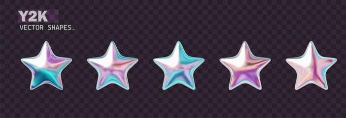 chrome 3d star holographic collection on y2k stile. isolated shiny chrome shapes 2000s and are perfe
