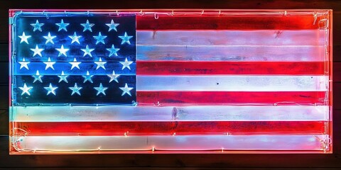 Poster - neon American flag, glowing red, white, blue 