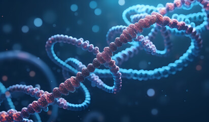 Holographic rendering of a DNA chromosomes representing digital, high-tech advances in medicine and human health in cool tones.