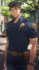 The handsome policeman wearing a blue uniform showcases his authority on a bustling urban street under bright sunlight