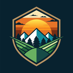 logo con the mountain, fields, sun, fondo con medios, vector illustration flat 2