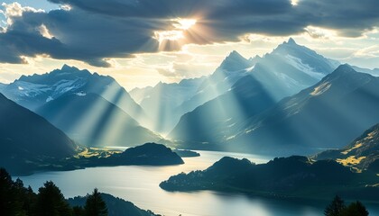 The magnificent mountain scenery and distant lakes, the sun shines through the clouds, showing a peaceful and beautiful scenery.