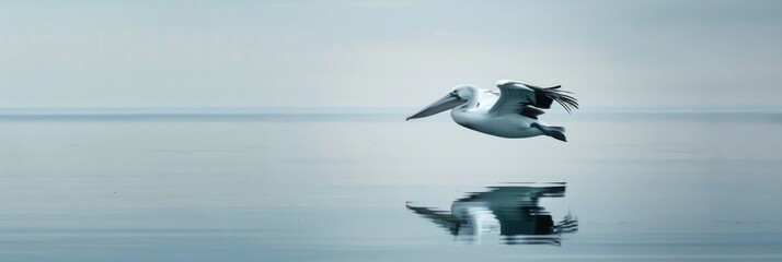 Poster - Panoramic perspective of a pelican soaring over a lagoon