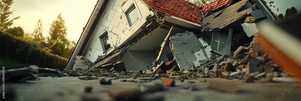 collapsed house after a strong earthquake. Collapsed roof, Roof fallen ...