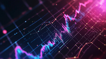 Wall Mural - A stock market graph displayed on a screen showing a chart of financial trends. Glowing digital line art of a colorful wave pattern in a dark background