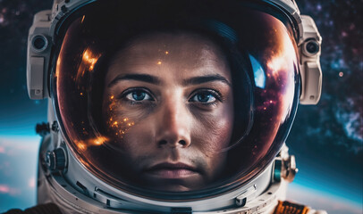 Wall Mural - A woman in a spacesuit gazes out at the stars from the window of a spacecraft, reflecting on her journey