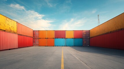 Colorful cargo containers are stacked high at a shipping yard