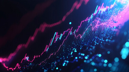 Wall Mural - A stock market graph displayed on a screen showing a chart of financial trends. Glowing digital line art of a colorful wave pattern in a dark background