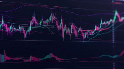 Wall Mural - A stock market graph displayed on a screen showing a chart of financial trends. Glowing digital line art of a colorful wave pattern in a dark background