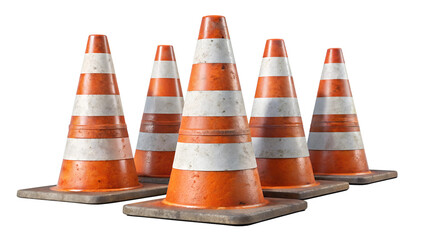 Five weathered traffic cones with dirt marks, isolated, transparent PNG file