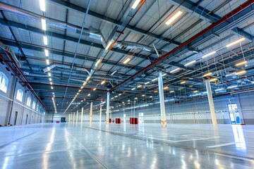  Empty Modern Warehouse Interior With Bright Lights And High Ceiling
