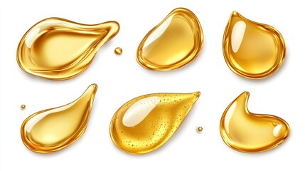 Golden liquid drops and splashes isolated on white background