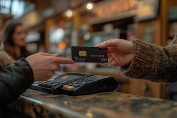 two hands holding an credit card and handing it over to the receptionist at restaurant