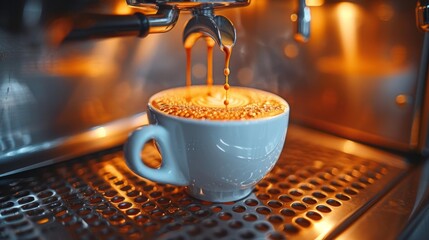 Steaming hot coffee in a modern espresso machine - generative ai