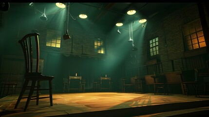 Canvas Print - Empty Stage In A Dark Bar With Brick Walls And Wooden Floor