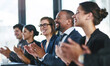 © peopleimages.com - Success, conference or happy business people clapping for feedback, seminar or celebration. Presentation, praise or applause of audience for winning goal, motivation and awards for target achievement