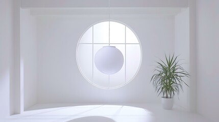 Wall Mural - Minimalist White Interior Design with Round Window and Hanging Light