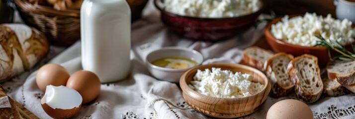 Wall Mural - A linen tablecloth drapes over the table, displaying an assortment of fresh and nutritious items such as milk, cottage cheese, bread, and boiled eggs.