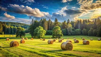 Rustic rural landscape features numerous freshly harvested hay bales scattered across a lush green meadow surrounded by trees under a serene blue sky.