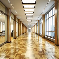 Poster - Modern Office Hallway with Wooden Floor and Windows